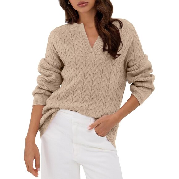 Sweaters - Womens Cable Knit Sweater Long Sleeve V Neck Chunky Casual Pullover